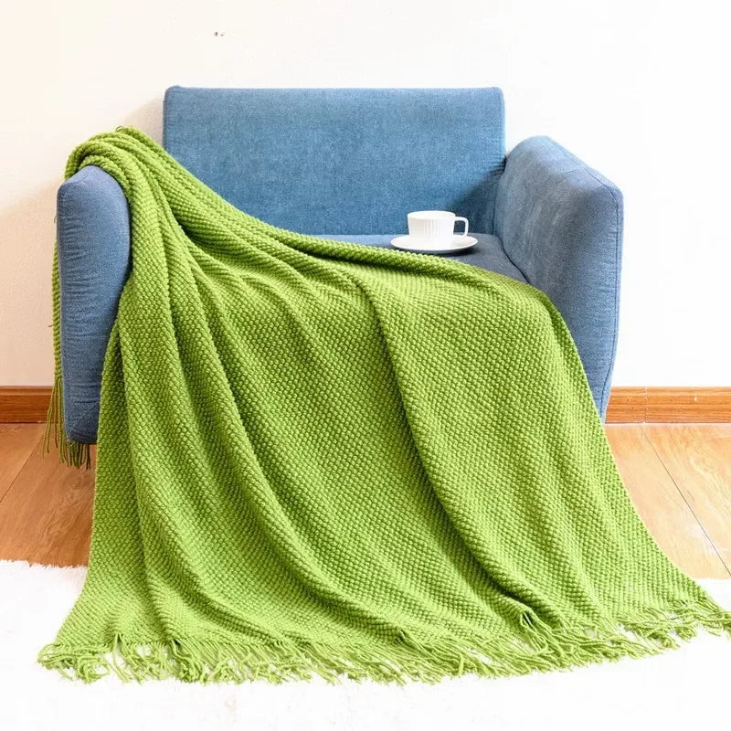 Textured Knit Throw Blanket with Fringe - Soft & Elegant