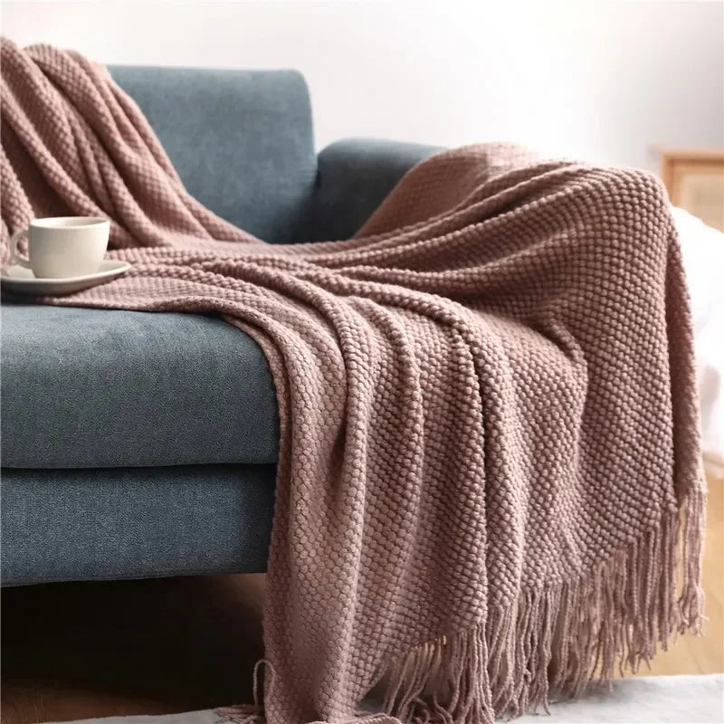 Textured Knit Throw Blanket with Fringe - Soft & Elegant