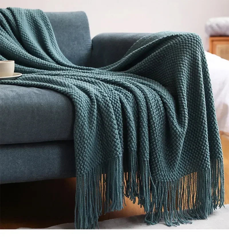 Textured Knit Throw Blanket with Fringe - Soft & Elegant