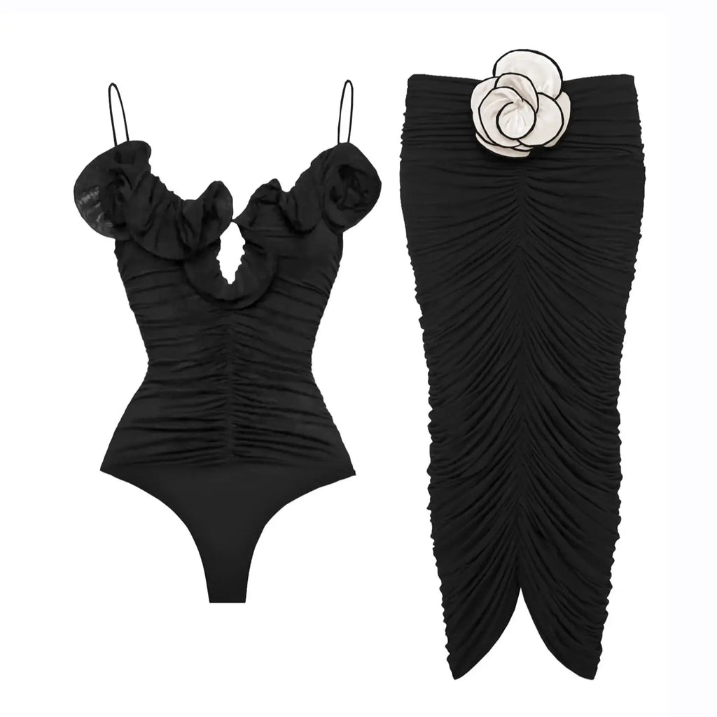 Black & White Bikini Set with Beach Skirt