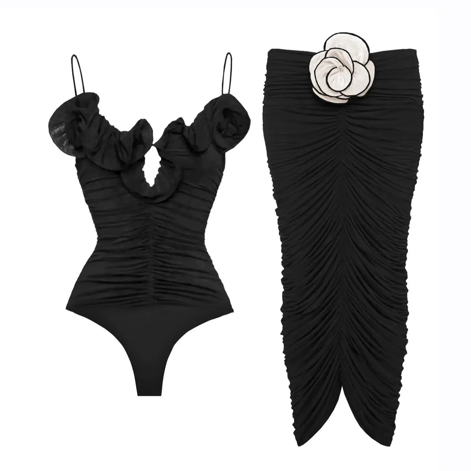 Black & White Bikini Set with Beach Skirt