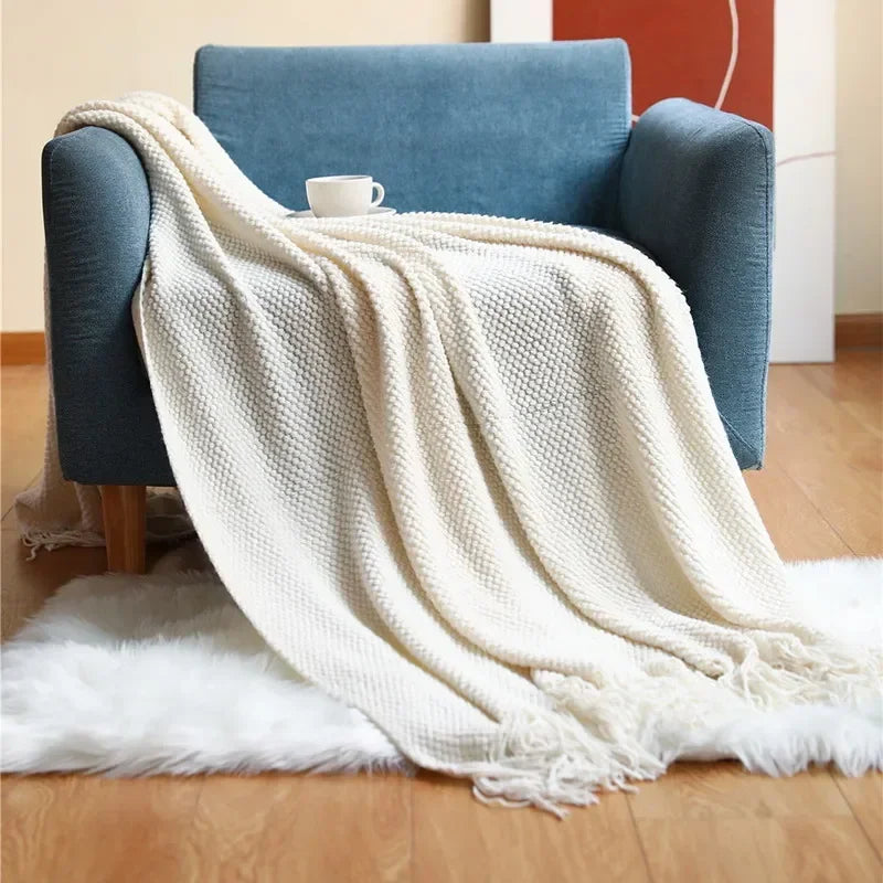 Textured Knit Throw Blanket with Fringe - Soft & Elegant