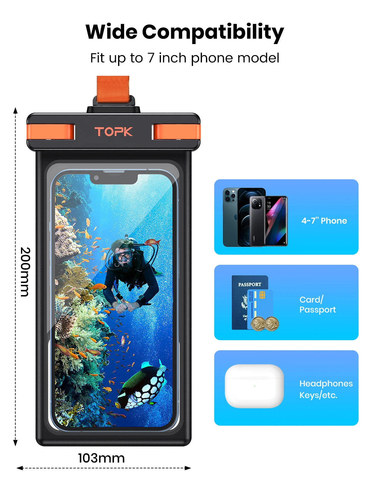 TOPK Waterproof Phone Pouch,[Underwater Screen Touchable] IPX8 Waterproof Phone Case Compatible for Mobile Phone Up to 7.0 inch