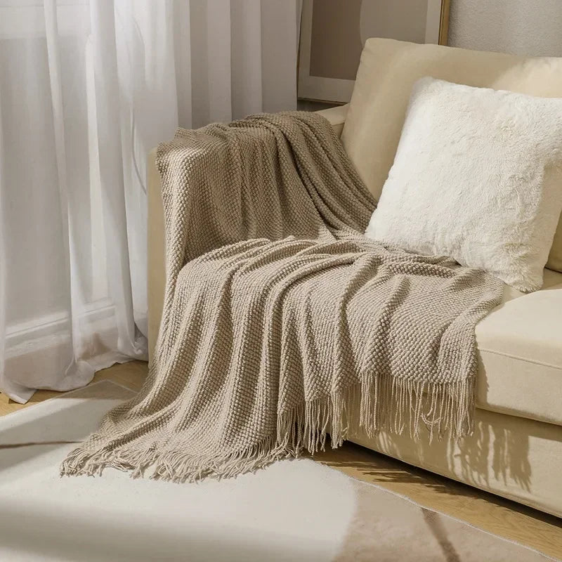 Textured Knit Throw Blanket with Fringe - Soft & Elegant