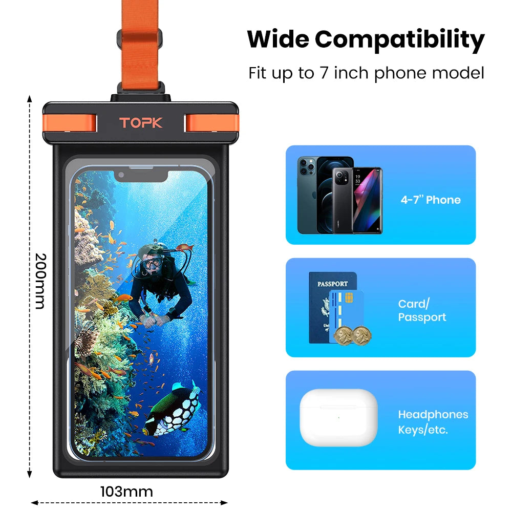 TOPK Waterproof Phone Pouch,[Underwater Screen Touchable] IPX8 Waterproof Phone Case Compatible for Mobile Phone Up to 7.0 inch
