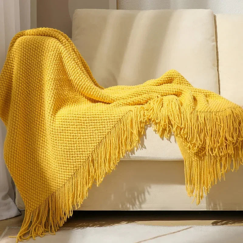 Textured Knit Throw Blanket with Fringe - Soft & Elegant