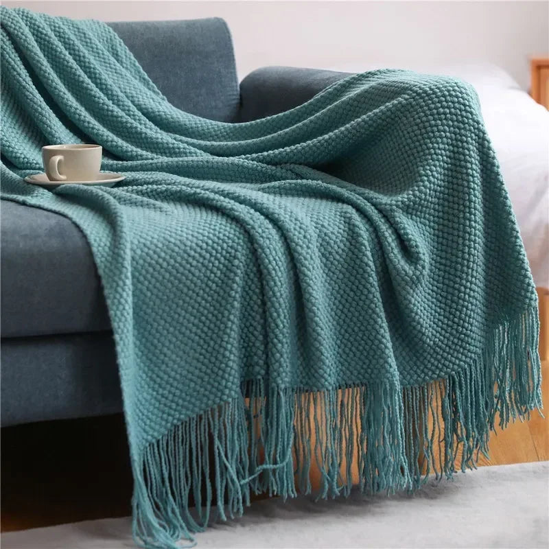 Textured Knit Throw Blanket with Fringe - Soft & Elegant