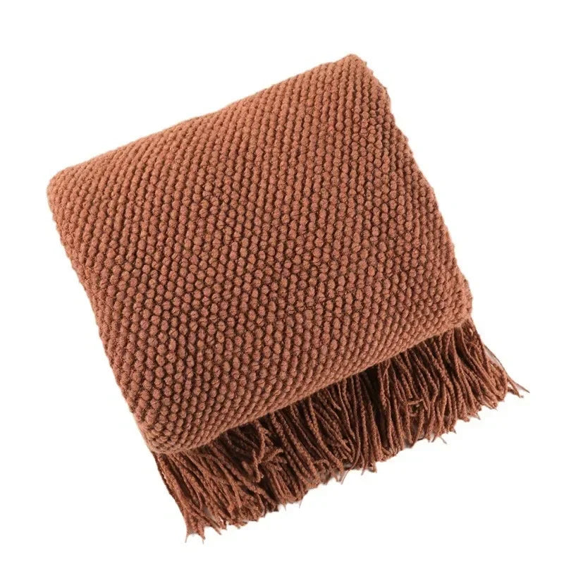 Textured Knit Throw Blanket with Fringe - Soft & Elegant