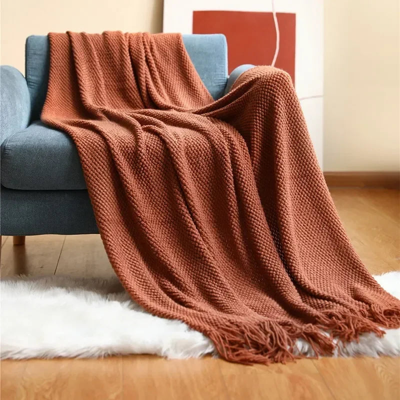 Textured Knit Throw Blanket with Fringe - Soft & Elegant