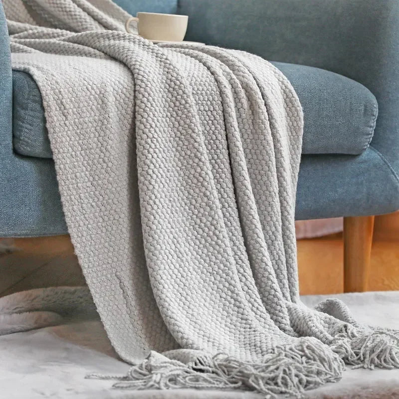 Textured Knit Throw Blanket with Fringe - Soft & Elegant