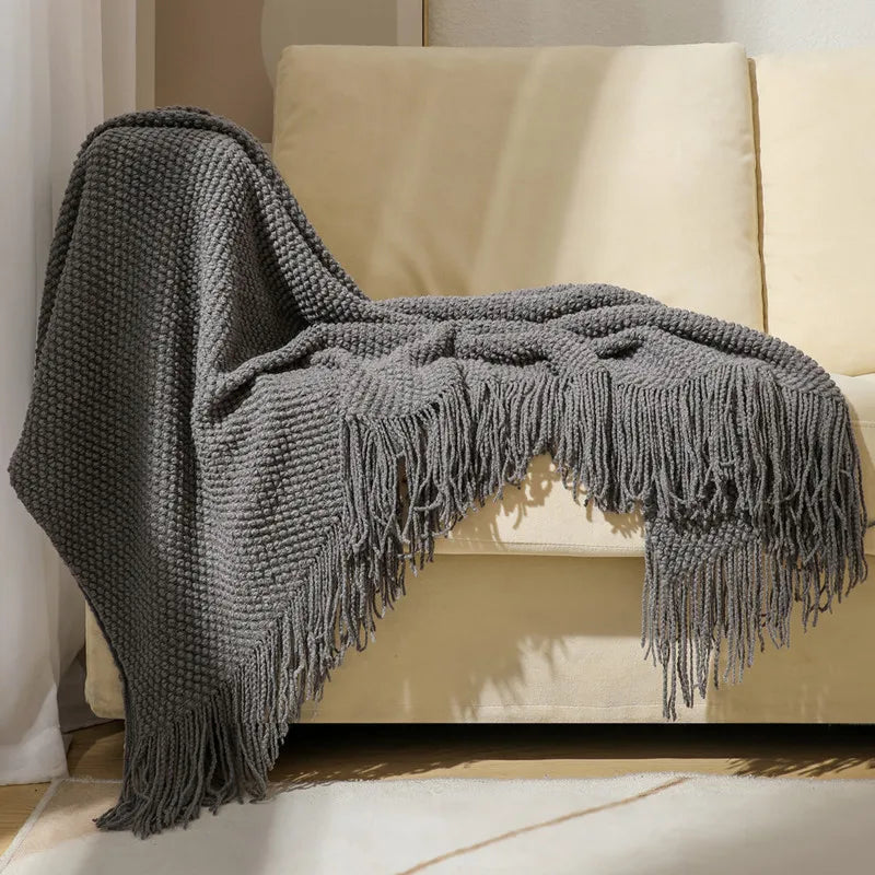 Textured Knit Throw Blanket with Fringe - Soft & Elegant