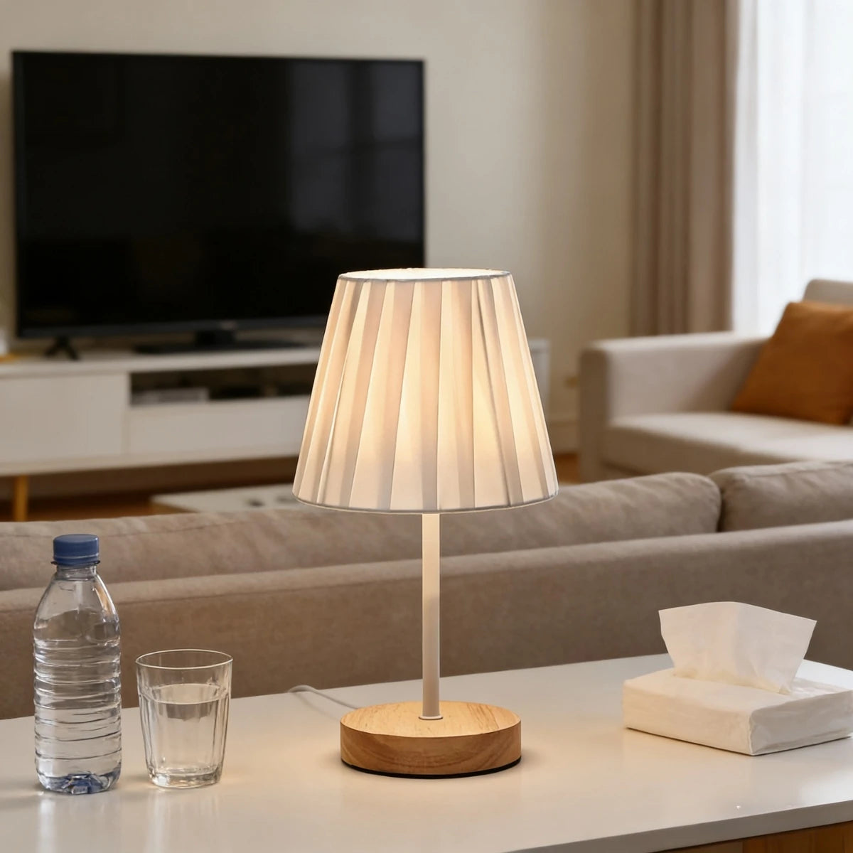 Timeless Art Desk Lamp with Fabric Lampshade - Elegant Wooden Bedside Lamp for Living Room, Study & Home Décor